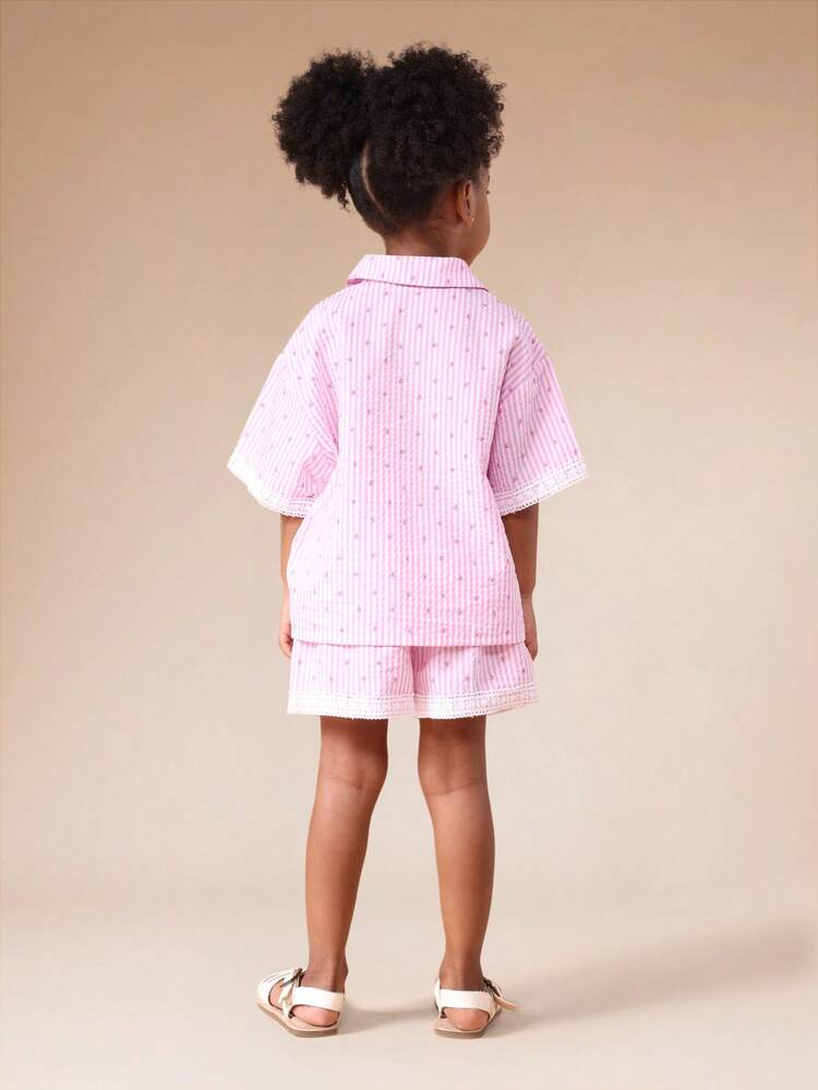 Striped Shirt And Shorts Set With Lace Trim