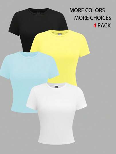 GlowEve 4 Stücke Damen Einfarbig Kurzes Crew Neck Kurzarm Figurbetontes Unterhemd Set