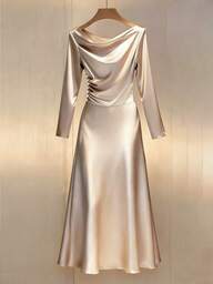 Franclia Women's Solid Color Ruffled Neck Long Sleeve Pleated Long Dress Satin Dress Elegant Champagne Evening Gown Silk Dresses Mother Of Bride Dress Mother Of Groom Dress