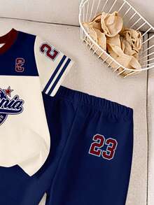 1 Set Young Boys Casual Sports Style Numeric 23 & California Letter Print Colorblock Round Neck Short Sleeve T-Shirt And Pants Set, Knit Outfit Suitable For Everyday Wear And Sports - Multicolor - View 6