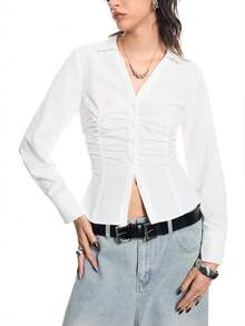Airlisse Women's Fashion Turndown Collar Deep V-Neck Long Sleeve Cropped Ruched Fitted Shirt,White Autumn Chic Night Out Blouses Western Tops Y2K White Tops - White - View 6