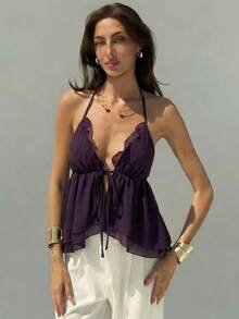 Aloruh Áo hai dây màu tím tối giản dành cho nữ, thích hợp mặc mùa hè, làm trang phục mùa hè, đồ đi biển mùa hè, đồ nghỉ dưỡng biển cho nữ, đồ nghỉ dưỡng nhiệt đới phong cách Bohemian, chất liệu chiffon nhiều lớp. - Màu tím - Xem 4