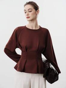 Aalyst Women's Knitted Crew Neck Raglan Long Sleeve Ribbed Patchwork Pleated Fitted A-Line Elegant Sophisticated Sweatshirt, Autumn/Winter - Brown - View 7