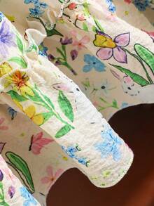 Young Girls Elegant Dress For Spring/Summer, Front Panel With Solid Yellow Color 3D Bow Decor, Cap Sleeve With Crinkle Texture Fabric, Waist Cinched, Cute Rabbit Digital Print Patchwork Hem Cake Dress, Suitable For Cute, Elegant, Comfortable Wear For Girls, Daily, School, Vacation