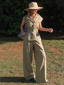Livesso Women's Collared Sleeveless Waist Cinched Outdoor Top And Casual Pants 2 Pieces Set - Khaki - View 6