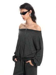 Airlisse Women's Fashionable Party Clubbing Silver Zip-Up Sweatshirt, Spring/Autumn - Dark Grey - View 3