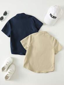 SHEIN 2件装男童休闲学院风立领半扣短袖衬衫，适合外出、日常穿着、上学，亚麻面料，春夏款