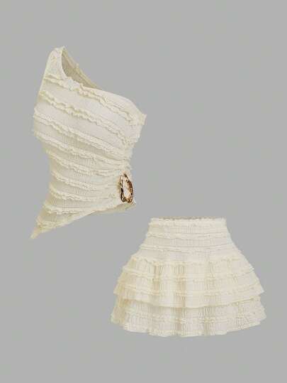 Sweetra Conjunto sexy - Top con hombros descubiertos + Minifalda con peplum