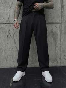 GENTILAND 男士纯色褶裥口袋阔腿休闲裤 男士正装裤 男士阔腿裤 男士高腰裤 男士褶裥西装裤 黑色男士休闲裤 - 黑色 - 查看 2