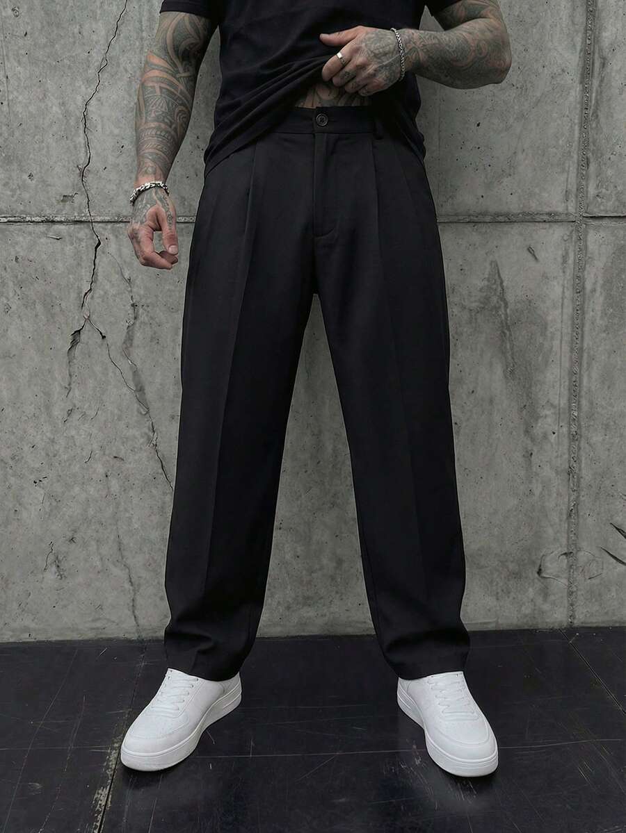 GENTILAND 男士纯色褶裥口袋阔腿休闲裤 男士正装裤 男士阔腿裤 男士高腰裤 男士褶裥西装裤 黑色男士休闲裤