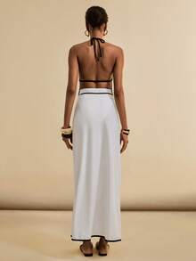 Swim Oasis 1 chiếc váy xẻ cao màu trơn thanh lịch với điểm nhấn kim loại, bộ đồ bơi liền thân mùa hè dành cho nữ gồm 2 mảnh. - Đen và trắng - Xem 2