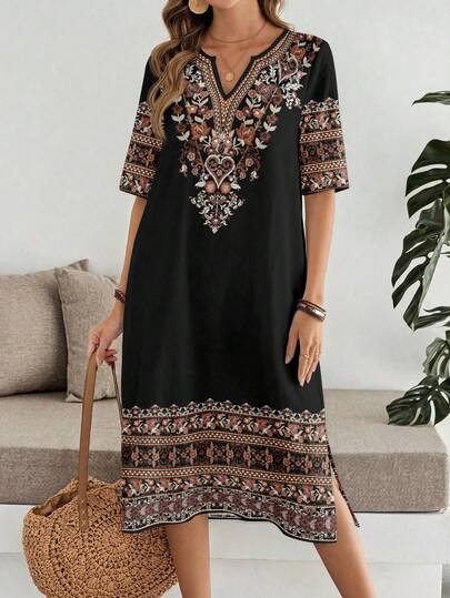 EMERY ROSE Avslappnad retro-tryckt mellanlång klänning för kvinnor, lämplig för alla årstider