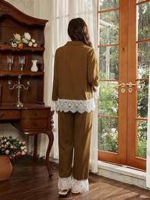 Elegant French Romantic Lace Patchwork Women Pajama Set - Rust Brown - View 2