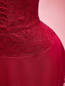 SHEIN ICON 大码女式蕾丝撞色网纱双层优雅派对半身裙，适合约会、情人节等场合 - 酒紅色 - 查看 7