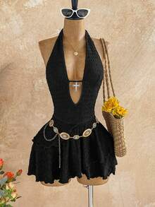 Soleia 性感V领交叉装饰镂空露背吊带纹理面料多层不规则下摆迷你连衣裙，适合派对、圣诞节、约会、夜店、海滩、邮轮、下午茶、波西米亚风、度假、秋季女装、复古风 - 黑色 - 查看 6