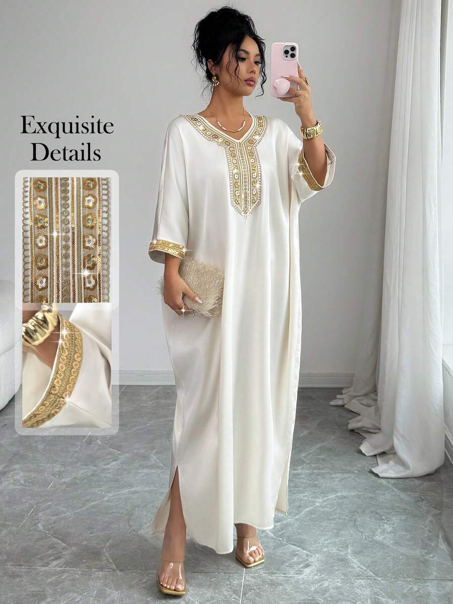 Women's Elegant V-Neck Gold Floral Lace Trim Loose Long Robe Robe, Spring - Apricot - View 1