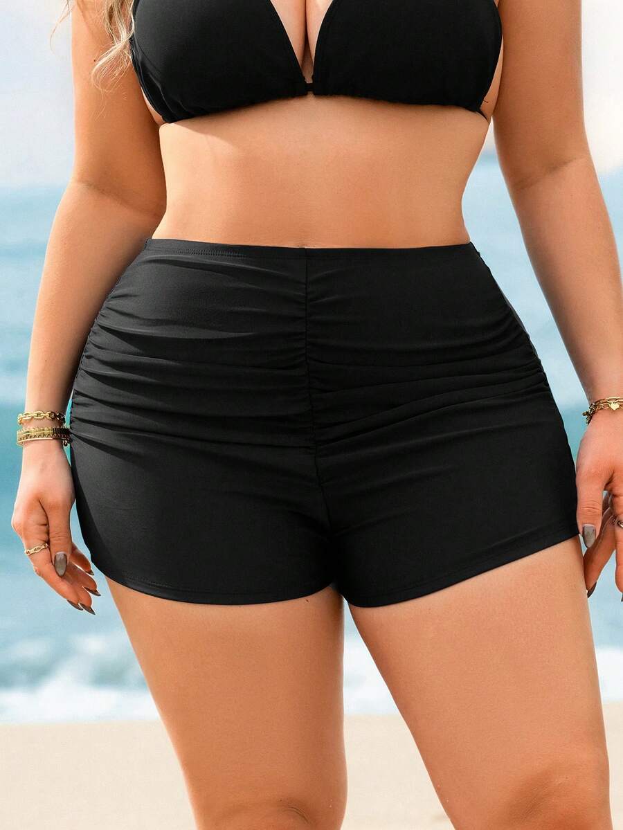 Swim Lushoire Plus Size Women's Ruched Slimming Black Beach Swim Shorts, Suitable For Summer Beach - Black - View 1