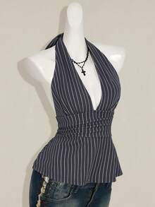 SHEIN ICON Halter Deep V-Neck Cinched Waist A-Line Backless Striped Tank Top - Grey - View 11