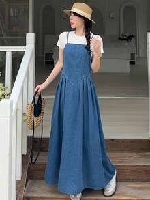 DAZY Women's Denim Suspender Dress, Korean Style Washed Elegant - Medium Wash - View 7