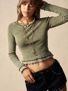 Bohemela Casual Knitted Patchwork Lace Trim Large Round Neck Long Sleeve Slim Fit Washed Women's T-Shirt Going Out Tops For Women Holiday For Spring - Olive Green - View 3