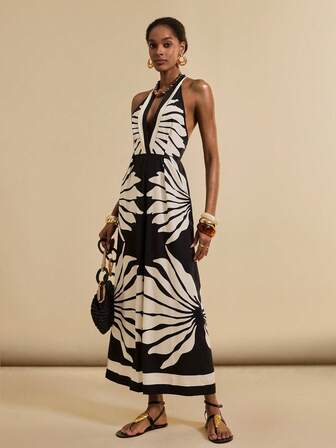 SHEIN Veneréa 女士V领露背系带腰部拉链侧边串珠贝壳印花度假连体衣