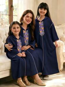 Tween Girls' Spring/Summer Casual Vacation Embroidered Ribbon, Faux Pearl & Tassel Hooded Flare Sleeve Robe, Navy Blue - Blue - View 6