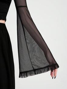 Breakform 女士哥特式性感透视网纱拼接针织面料荷叶边前襟钥匙孔系带喇叭袖修身短款上衣 - 黑色 - 查看 9