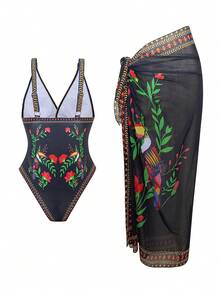 Swim Oasis Plus Size 2pcs Women Floral Print Crew Neck One-Piece Swimsuit With Matching Printed Skirt, High-End Swimwear Set Suitable For Summer Beach And Vacation - Multicolor - View 9