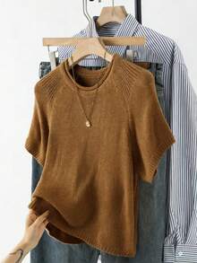 INAWLY Classic Short Sleeve Crew Neck Knit Top - Brown - View 3