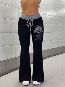 SHEIN PETITE 女士朋克风撞色腰带印花喇叭裤 - 灰色 - 查看 4