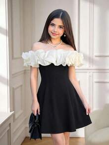 SHEIN Teen Girls' Off-Shoulder Puff Design Contrast Color A-Line Dress