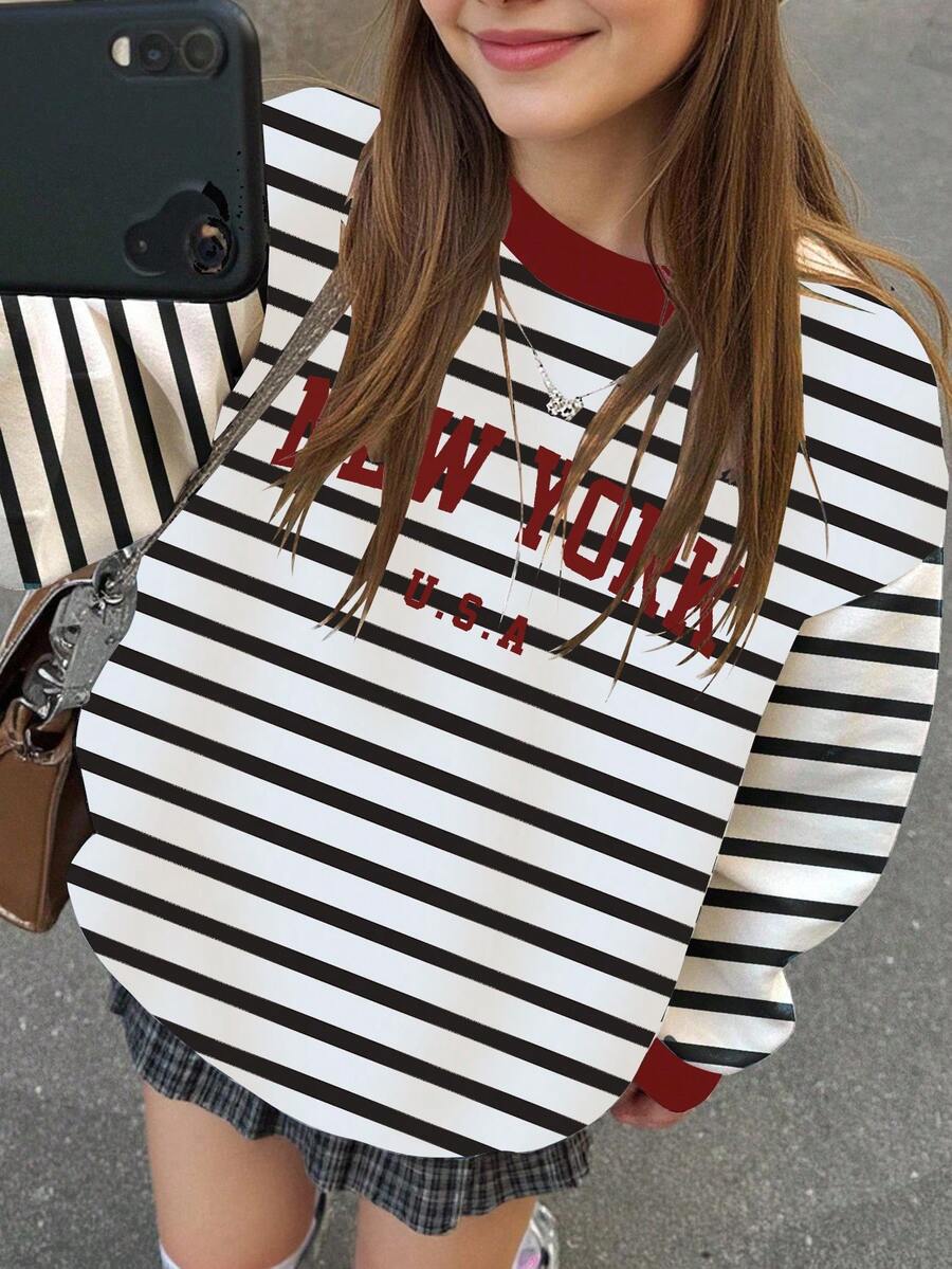 SHEIN Leap Crew 少女多巴胺条纹休闲简约“NEW YORK”字母宽松圆领舒适长袖卫衣,适合秋冬季节,秋季外出穿着,轻松舒适,秋季叠穿,时尚休闲,图案卫衣,返校季,返校节,年轻长袖上衣,美学学院风,12 Y2k - 彩色 - 查看 1