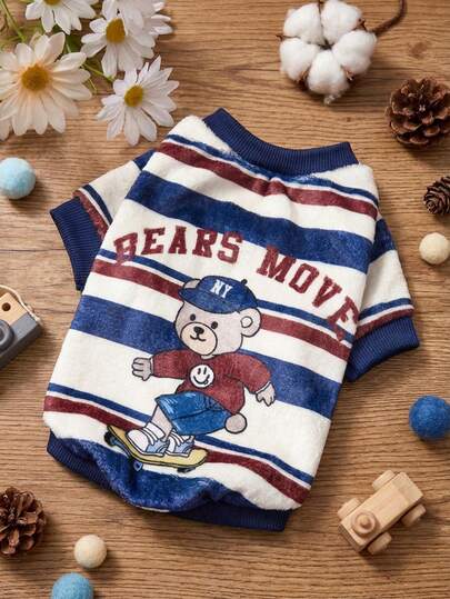 PETSIN 1 Printed Skateboard Bear Letter Flannel Sweatshirt, Thick And Warm For Pets In Autumn And Winter, Blue, White, And Red