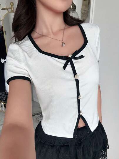 Teen Girl Knitted Metallic Button & Sequin Bow Accent Fitted Short Sleeve T-Shirt, Round Neck, For Summer Vacation