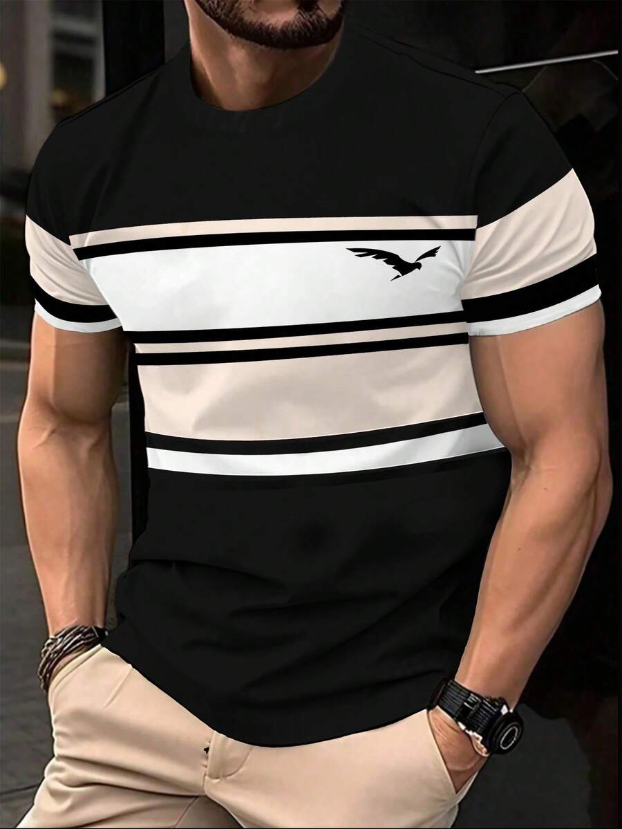 Manfinity Homme 男士休闲撞色条纹老鹰印花短袖T恤 - 彩色 - 查看 1