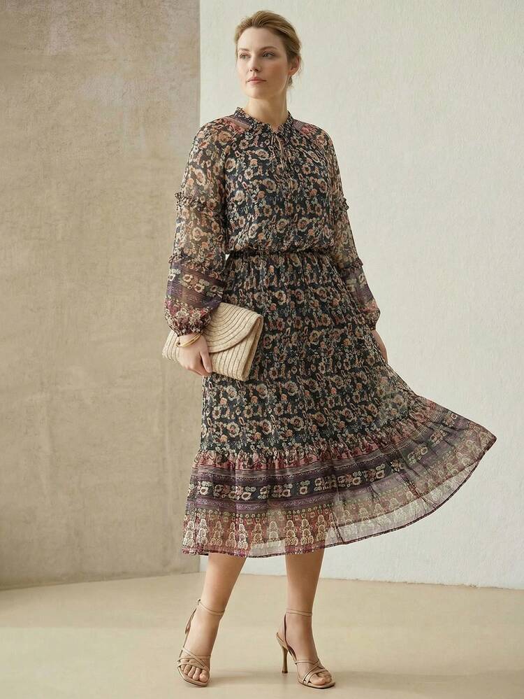 PLUS BOHEMIAN PRINT LONG SLEEVE RUFFLE HEM ROMANTIC DRESS