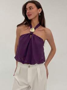 Aloruh 女士新款时尚金属装饰简约纯紫色通勤吊带背心 - 紫色 - 查看 6