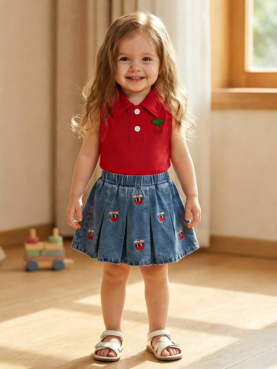 女婴针织樱桃领背心搭配牛仔樱桃刺绣百褶裙套装，时尚甜美可爱童装 - 紅色 - 查看 1