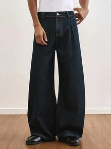 TOKVUE 男士休闲奢华水洗牛仔直筒阔腿裤 - 深色水洗藍 - 查看 1