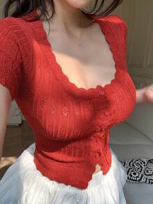 DAZY Women's Round Neck Single-Breasted Short Sleeve Fitted Fashionable Knit Cardigan - Red - View 1