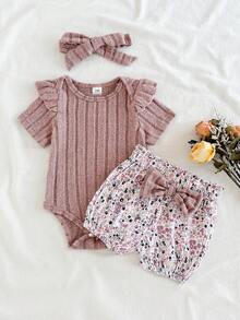 SHEIN Vintaside Kids 3pcs/Set Infant/Toddler Cute Casual Outing Round Neck Ribbed Embroidered Ruffle Sleeve Romper, Pants, Bow Headband Set, Spring/Autumn - Pink - View 1