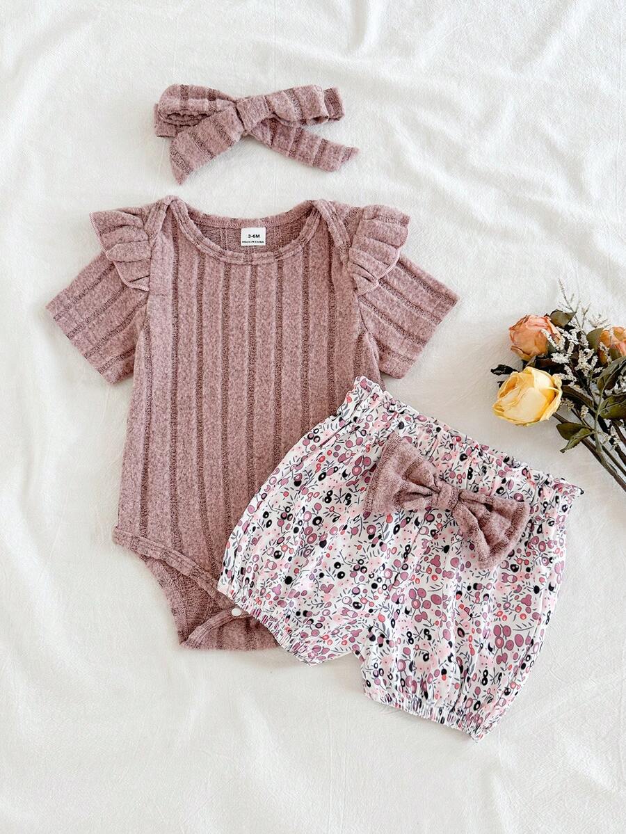 SHEIN Vintaside Kids 3pcs/Set Infant/Toddler Cute Casual Outing Round Neck Ribbed Embroidered Ruffle Sleeve Romper, Pants, Bow Headband Set, Spring/Autumn - Pink - View 1