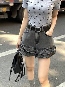 DAZY 女士复古水洗荷叶边灰色牛仔短裤，韩版夏季牛仔短裤 - 藍色 - 查看 6