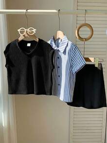 SHEIN 男童休闲校服三件套，包括背心、条纹衬衫和短裤，适合生日派对、晚宴、演出、婚礼、学校活动、洗礼、迎婴派对以及春夏秋季穿着。 - 黑色 - 查看 6