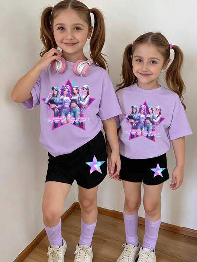 2pcs/Set Young Girl Fashion Colorful Star & K-Pop Girl Group Letter Print Round Neck Short Sleeve T-Shirt Top And Shorts Set, Suitable For Outings In Summer