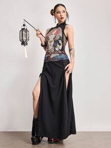 ROMWE 新款中国风佛像彩绘花卉印花女式上衣 - 彩色 - 查看 7