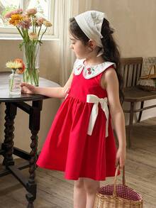 LMoss Kids Sukienka swobodna dla młodej dziewczyny, tkana, w kontrastowym kolorze, z kołnierzykiem Piotrusia Pana i wzorem truskawkowym, bez rękawów - Czerwony i biały - Zobacz 4