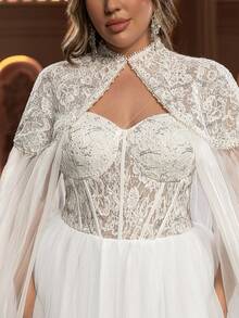 Glamrae Plus Size Elegant Luxurious Romantic White Beaded Embroidery Mesh Splice Chinese Collar Design Flowing Maxi Skirt Wedding Bridal Gown Plus Size Bridal Dress Dress With Cape Bridal Cape Dress White Gown With Cape Plus Size White Dress White Gown For Women Plus Size Fairy Dress - White - View 7