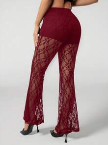SHEIN PETITE 度假风针织蕾丝高腰喇叭女裤 - 酒紅色 - 查看 2