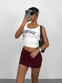 SHEIN PETITE 女士纯色修身休闲百搭半身裙 - 酒紅色 - 查看 7